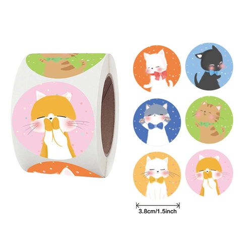 Cartoon Cat Reward Stickers Round Self Adhesive Labels For Kids Stationery Gift School Classroom Supplies Decorations