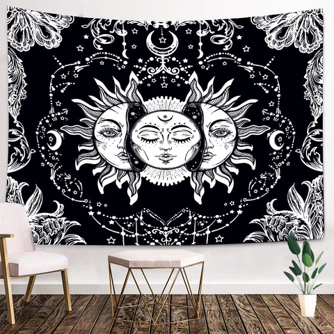 Arazzo Mandala Bohemien Sole e Luna Nero Bianco Gotico Teschio Floreale Celestiale da Parete Arazzo Estetico per Camera da Letto Decorazione Artistica Casa