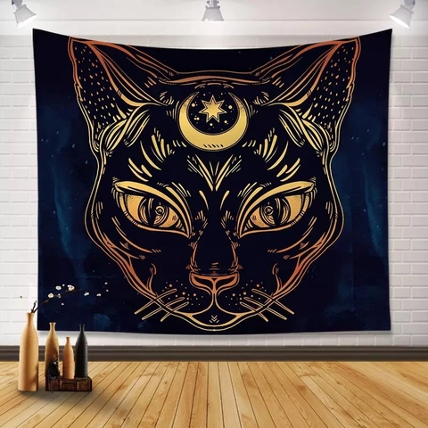 Mystical Black Cat Animal Tapestry Polyester Bohemian Wall Hanging Background Cloth For Bedroom Living Room Home Decor