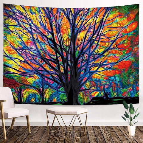Psychedelic Forest Tree Tapestry Wall Hanging Bohemian Mandala Mushroom Moon Phase Polyester Backdrop For Home Decor Living Room Bedroom