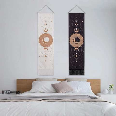 Bohemische Wandteppich Mondphasen Baumwolle Leinen Mystisch Stern Sonne Auge Dekor Mit Quaste Und Holzstab