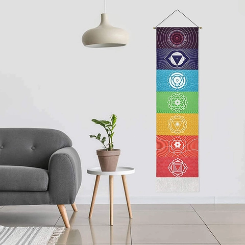 Arazzo Mandala Sette Chakra Appeso A Parete Boho Verticale Con Nappe Cotone Lino Celeste Fase Lunare Meditazione Zen Decor
