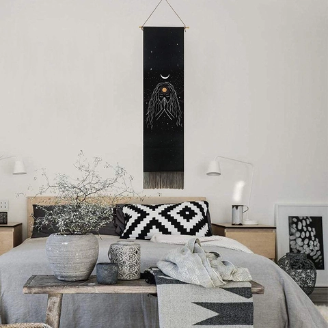 Bohemian Vertical Wall Tapestry Polyester Cotton Celestial Moon Phase Long Hanging Decor With Tassels Mystic Patterns