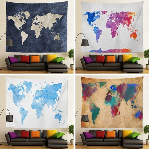 Arazzo Da Parete Mappa Del Mondo Acquerello Stile Vintage Tessuto Poliestere Per Decorazione Casa Camera Da Letto Soggiorno Arte