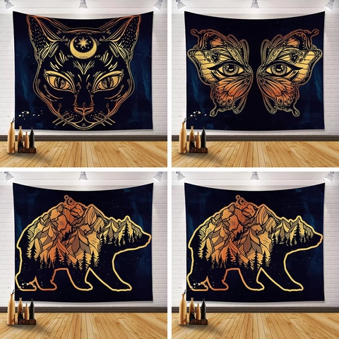 Mystical Black Cat Animal Tapestry Polyester Bohemian Wall Hanging Background Cloth For Bedroom Living Room Home Decor