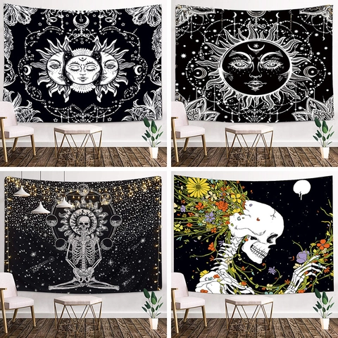 Arazzo Mandala Bohemien Sole e Luna Nero Bianco Gotico Teschio Floreale Celestiale da Parete Arazzo Estetico per Camera da Letto Decorazione Artistica Casa