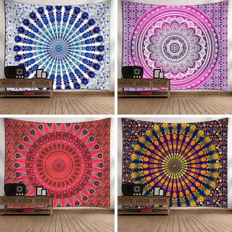 Bohemian Mandala Tapestry Polyester Wall Hanging Psychedelic Floral Peacock Elephant Print For Living Room Bedroom Dorm Decor
