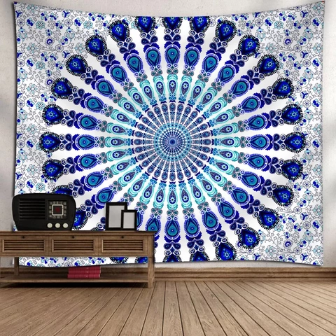 Bohemian Mandala Tapestry Polyester Wall Hanging Psychedelic Floral Peacock Elephant Print For Living Room Bedroom Dorm Decor
