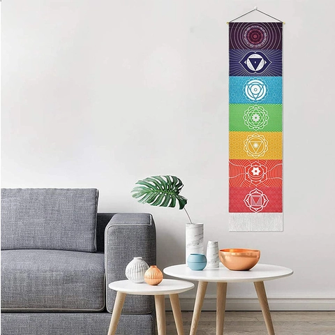 Arazzo Mandala Sette Chakra Appeso A Parete Boho Verticale Con Nappe Cotone Lino Celeste Fase Lunare Meditazione Zen Decor