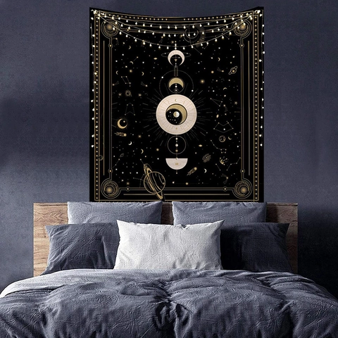 Arazzo Mistico con Fasi Lunari Astrologia e Scheletro Decorazione da Parete Mappa Stellare Bohémien Amante degli Scheletri Poster Arte Tarocchi