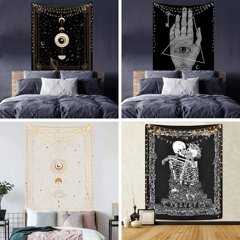 Arazzo Mistico con Fasi Lunari Astrologia e Scheletro Decorazione da Parete Mappa Stellare Bohémien Amante degli Scheletri Poster Arte Tarocchi