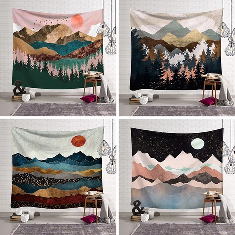 Noors Modern Abstract Landschap Wandtapijt Polyester Muurophanging Decoratief Berg Maan Bos Kunst Voor Slaapkamer Woonkamer Decor