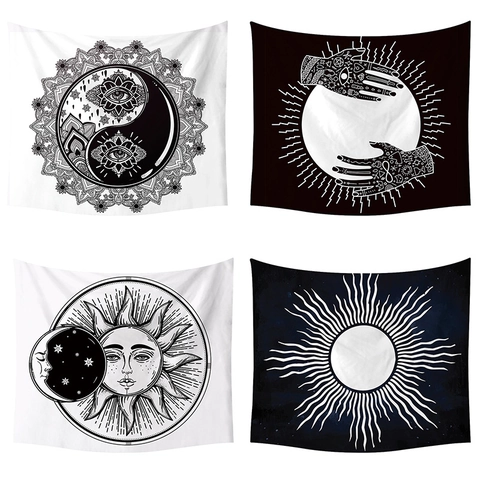 Böhmisch Sonne Mond Wandteppich Schwarz Weiß Mandala Tarot Wandbehang Für Schlafzimmer Wohnzimmer Heimdeko Polyester Kunst