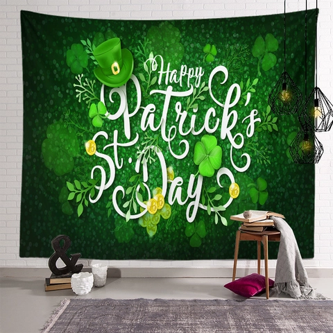 Tapisserie de la Saint-Patrick Décoration Murale Trèfle Leprechaun Pièces d'Or Tissu de Fond de Fête Irlandaise en Poliestere Suspendu