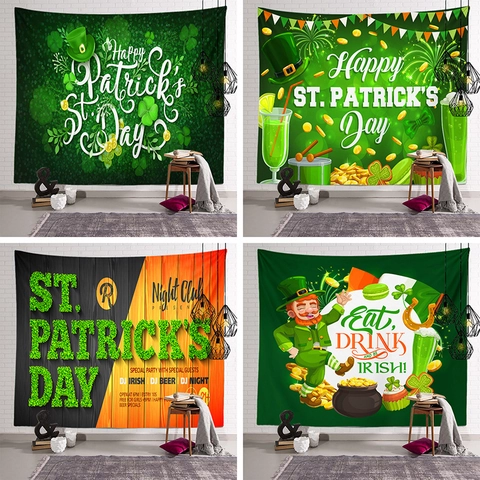 Tapisserie de la Saint-Patrick Décoration Murale Trèfle Leprechaun Pièces d'Or Tissu de Fond de Fête Irlandaise en Poliestere Suspendu