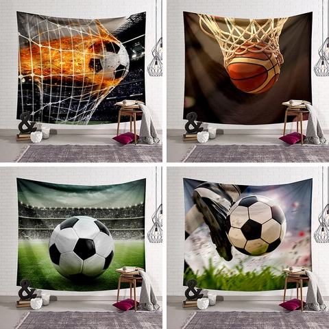 Tapiz De Pared Temático Deportivo Fútbol Baloncesto Impresión Fuego Dinámico Tela Poliéster Decoración Para Dormitorio Sala