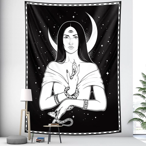Tarot Witchcraft Wall Tapestry Occult Goddess Moon Snake Skull Black White Polyester Fabric Hanging Decorative Background Cloth Gothic Bohemian Style