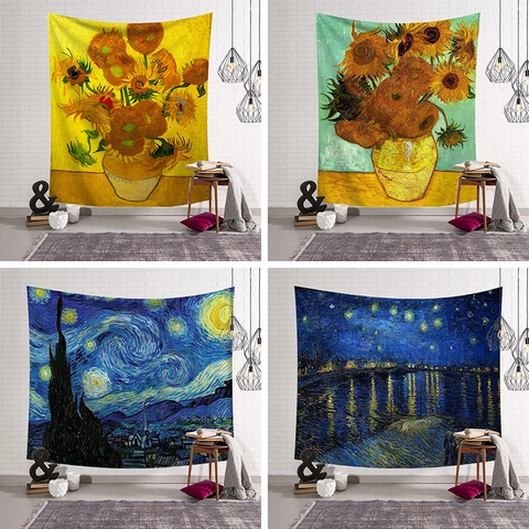 Van Gogh Ölgemälde Kunst Wandteppich Sonnenblume Sternennacht Polyester Gebürsteter Stoff Wohndekoration Ästhetik