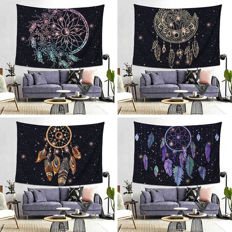 Bohemian Dreamcatcher Tapestry Wall Hanging Starry Sky Mandala Feather Polyester Wall Art For Bedroom Living Room Decor