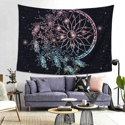 Bohemian Dreamcatcher Tapestry Wall Hanging Starry Sky Mandala Feather Polyester Wall Art For Bedroom Living Room Decor