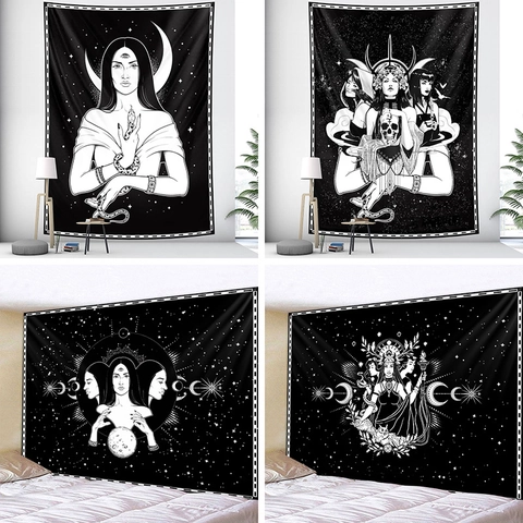 Tarot Witchcraft Wall Tapestry Occult Goddess Moon Snake Skull Black White Polyester Fabric Hanging Decorative Background Cloth Gothic Bohemian Style