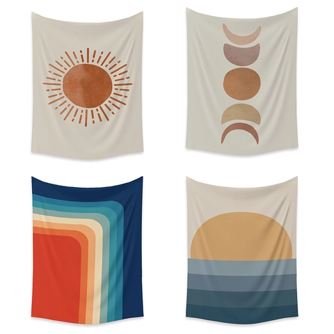 Bohemian Sun Moon Phases Tapestry Wall Hanging Nordic Minimalist Polyester Abstract Art Wall Decor For Bedroom Living Room