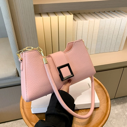 Women Lychee Pattern Underarm Bag French Niche Design PU Leather Shoulder Crossbody Bag With Black Square Buckle