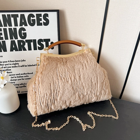 Faux Fur Sequin Evening Handbag With Wooden Handle And Metal Chain Strap Retro Frame Clutch Shoulder Bag For Women