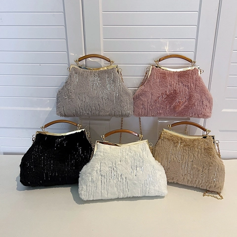 Faux Fur Sequin Evening Handbag With Wooden Handle And Metal Chain Strap Retro Frame Clutch Shoulder Bag For Women