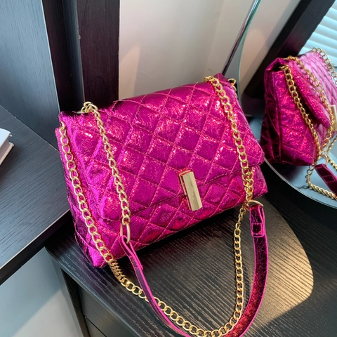 Sac À Bandoulière Matelassé Métallique Pour Femmes Cuir PU Brillant Fil Rhombique Chaîne Bandoulière Mode Sac Carré