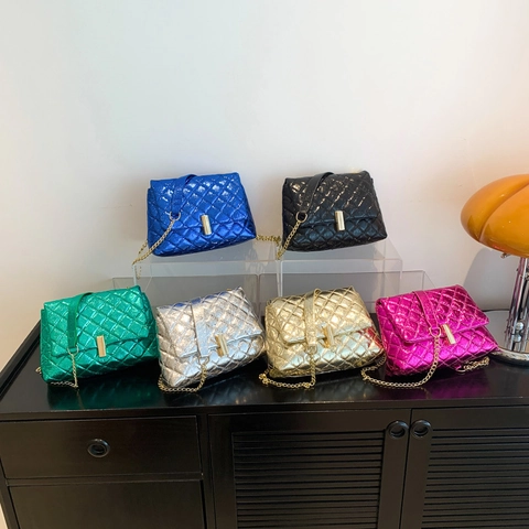 Sac À Bandoulière Matelassé Métallique Pour Femmes Cuir PU Brillant Fil Rhombique Chaîne Bandoulière Mode Sac Carré