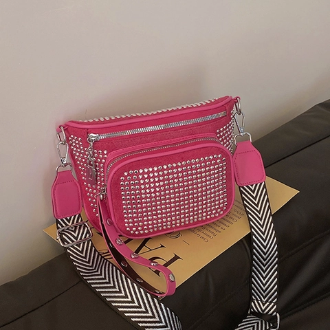 Women Rhinestone Studded Crossbody Bag Faux Suede Multi Zipper Small Shoulder Chest Bag With Wide Striped Strap Trendy