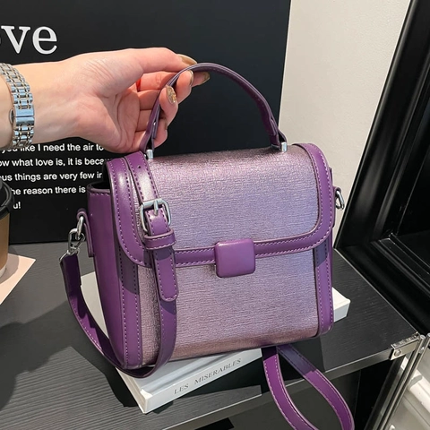 Borsa a Tracolla da Donna in Pelle PU con Texture Metallica Borsa a Mano a Contrasto Borsa Quadrata con Tracolla Regolabile