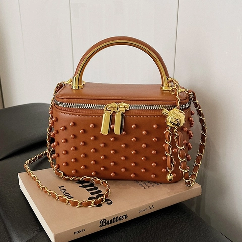 Women Vintage Studded Box Handbag With Metal Handle PU Leather Rivet Crossbody Bag Chain Shoulder Bag For Party Date