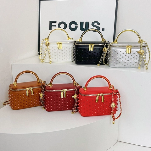 Women Vintage Studded Box Handbag With Metal Handle PU Leather Rivet Crossbody Bag Chain Shoulder Bag For Party Date
