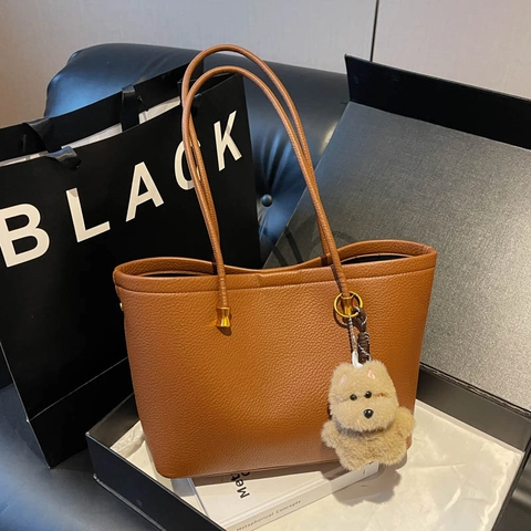 Womens Vintage Grote Capaciteit PU Leer Tote Tas Met Pluche Beer Hanger Lychee Patroon Woon-werkverkeer Schoudertas