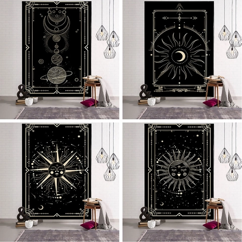 Tarot Astrologie Wandteppich Gebürstetes Polyester Digitaldruck Mondphasen Boho Mandala Himmlische Wanddekoration