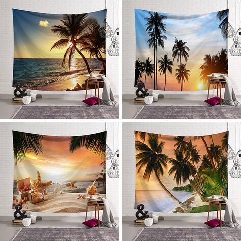 Tapiz de Pared Nórdico Tropical Cocotero Paisaje Atardecer Tela de Fondo de Poliéster Para Decoración del Hogar
