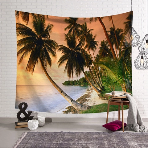 Tapiz de Pared Nórdico Tropical Cocotero Paisaje Atardecer Tela de Fondo de Poliéster Para Decoración del Hogar