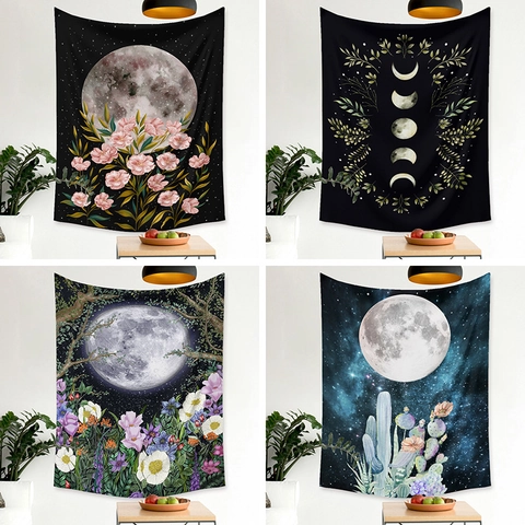 Bohemian Moon Phase Floral Wall Tapestry Polyester 3D Printed Hanging Blanket For Living Room Bedroom Dorm Home Decor