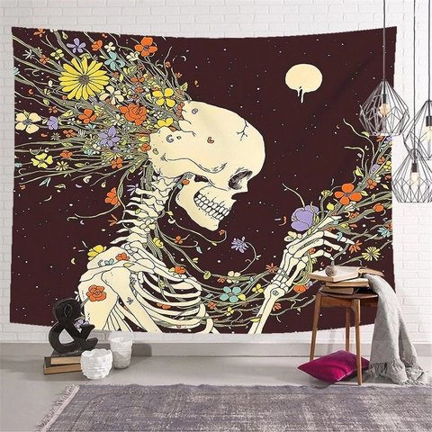 Gothic Skeleton Skull Tapestry Wall Hanging Floral Starry Night Tarot Lovers Mystical Art Poster For Bedroom Home Decor