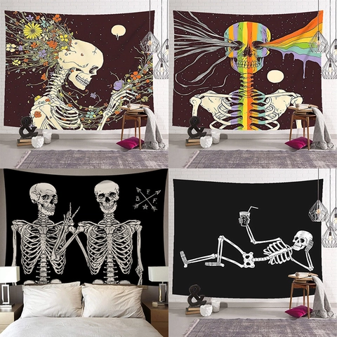 Gothic Skeleton Skull Tapestry Wall Hanging Floral Starry Night Tarot Lovers Mystical Art Poster For Bedroom Home Decor
