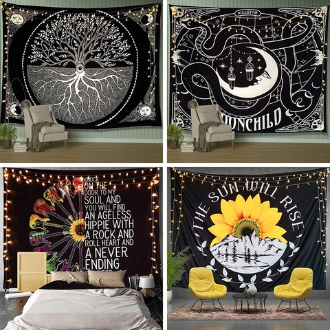 Boheems Levensboom Wandtapijt Mystieke Maan Zon Zonnebloem Gitaar Wandkleed Deken Geborsteld Polyester Huisdecoratie