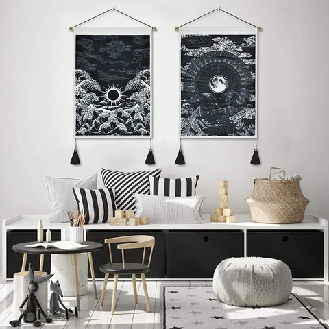 Wandbehang Tapisserie Polyester Baumwolle Schwarz Weiß Welle Berg Mond Kunst Minimalistisch Nordisch Mit Quasten Holzstange