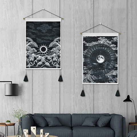 Wandbehang Tapisserie Polyester Baumwolle Schwarz Weiß Welle Berg Mond Kunst Minimalistisch Nordisch Mit Quasten Holzstange