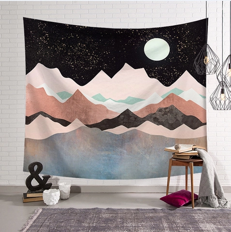 Nordic Modern Abstract Landscape Tapestry Polyester Wall Hanging Decorative Mountain Moon Forest Art For Bedroom Living Room Decor
