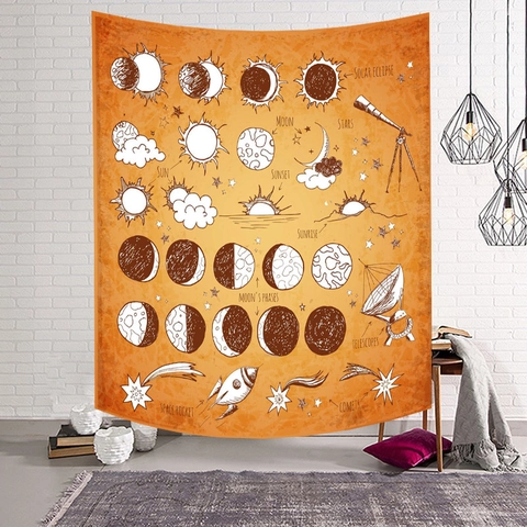 Wall Tapestry Moon Phase Astrology Celestial Sun And Moon Face Polyester Hanging Blanket Bohemian Home Decor Aesthetic