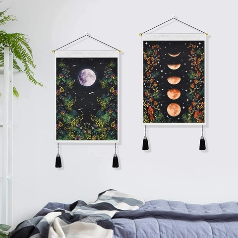 Moon Phase Floral Wall Hanging Tapestry Vintage Celestial Botanical Scroll Art With Tassels And Hanging Rope For Home Living Room Bedroom Decor