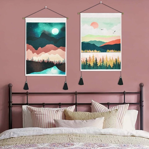 Nordic Sunrise Mountain Landscape Wall Hanging Tapestry Polyester Cotton Fabric Art With Wooden Pole And Tassels For Home Decor