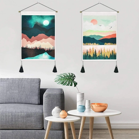 Nordic Sunrise Mountain Landscape Wall Hanging Tapestry Polyester Cotton Fabric Art With Wooden Pole And Tassels For Home Decor